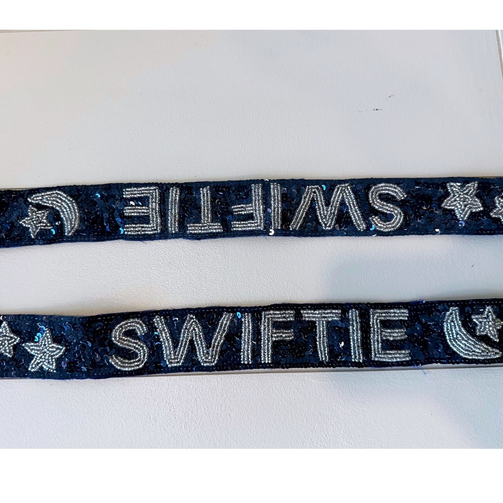 Swiftie Beaded Sequin Purse Strap Navy Blue Silver Celestial Moon Stars Handbag